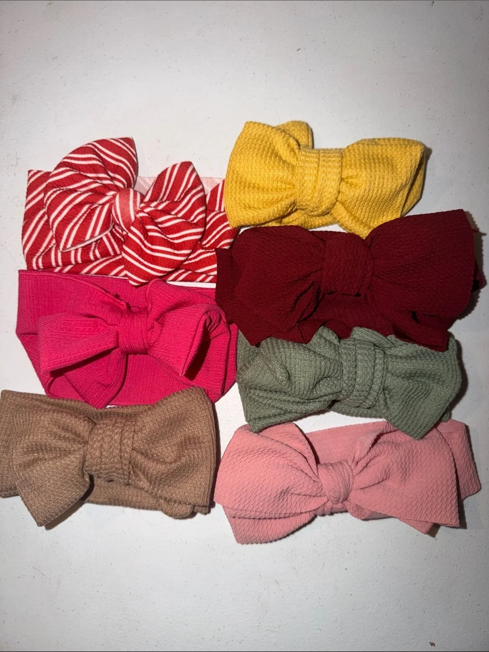 7 piece Assorted Baby Bow Headbands - Pink, Red, Yellow, Green, Brown, Cream